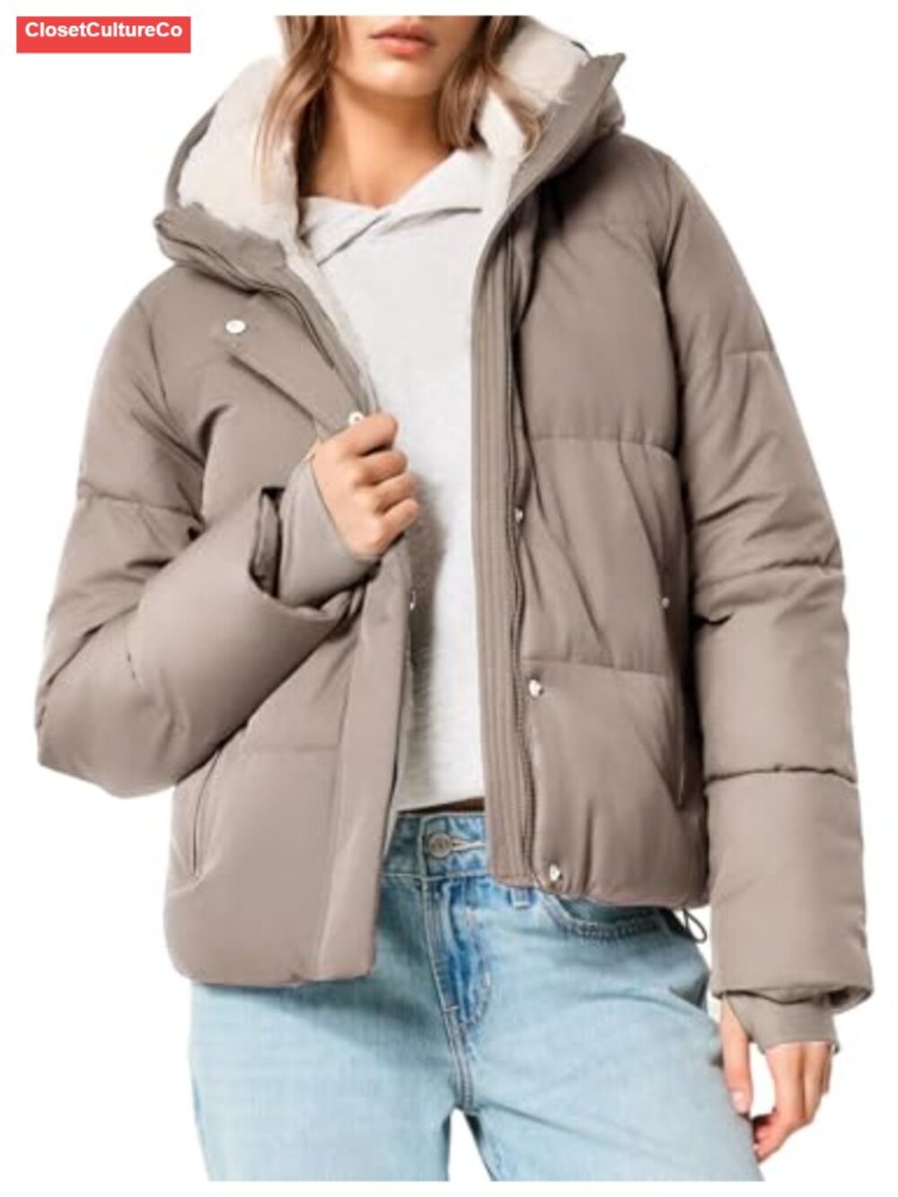 Cropped Puffer Jacket Faux Fur-Lined Quilted Winter Coat